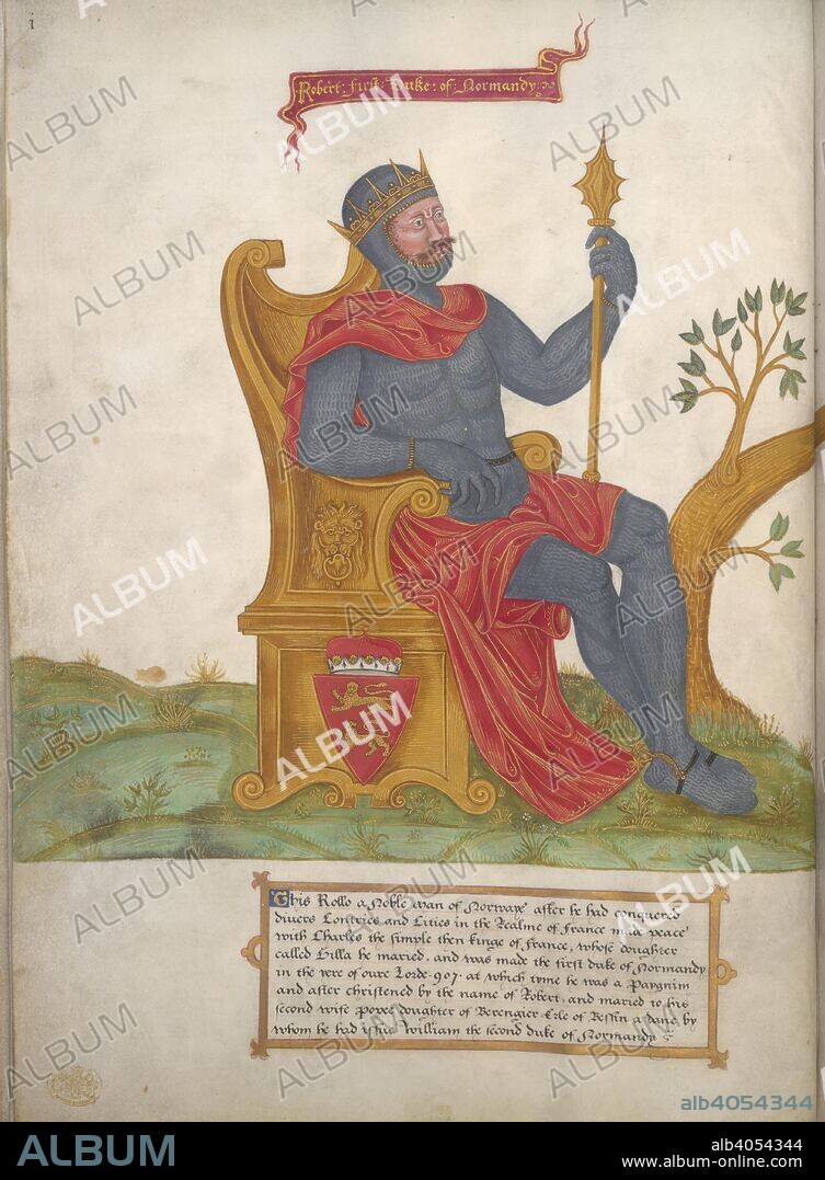 Rollo (Robert), Duke of Normandy, seated wearing chainmail; the genealogical tree growing from near his feet. Genealogy of Queen Elizabeth I. England; c. 1567. Source: King's 396, f.4v. Language: English.