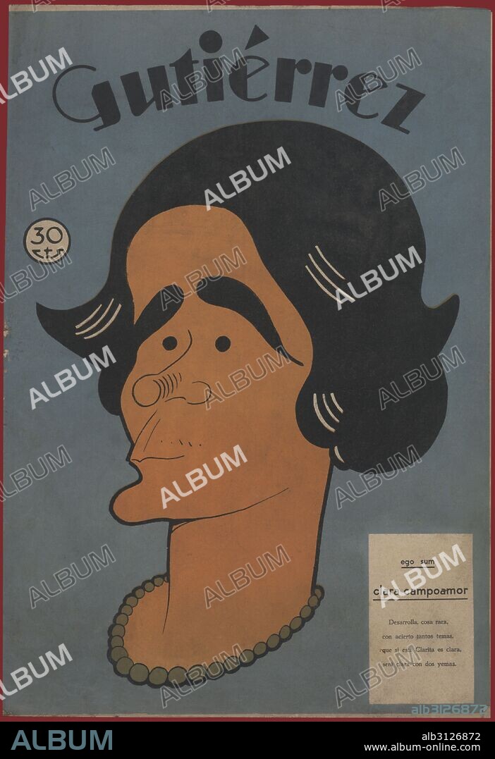 RICARDO GARCÍA LÓPEZ. Portada de la revista satírica Gutiérrez. Caricatura de Clara Campoamor Rodríguez (1888-1972), política española defensora de los derechos de la mujer. Año 1933. Dibujo de K-Hito.