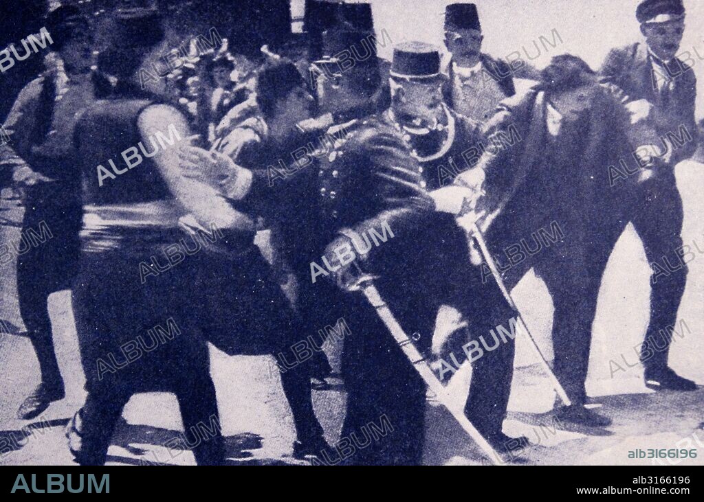 arrest of Gavrilo Princip, a Bosnian Serb who assassinated Archduke Franz Ferdinand of Austria and his wife, Sophie in Sarajevo on 28 June 1914.