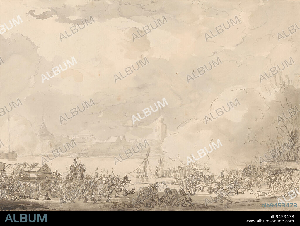 Flight of the French from Papendrecht, 1813, Johannes Christiaan Schotel, 1813 - 1815, The hasty flight of the French troops from Papendrecht, 24 November 1813., draughtsman: Johannes Christiaan Schotel, Netherlands, 1813 - 1815, paper, brush, h 318 mm × w 450 mm.