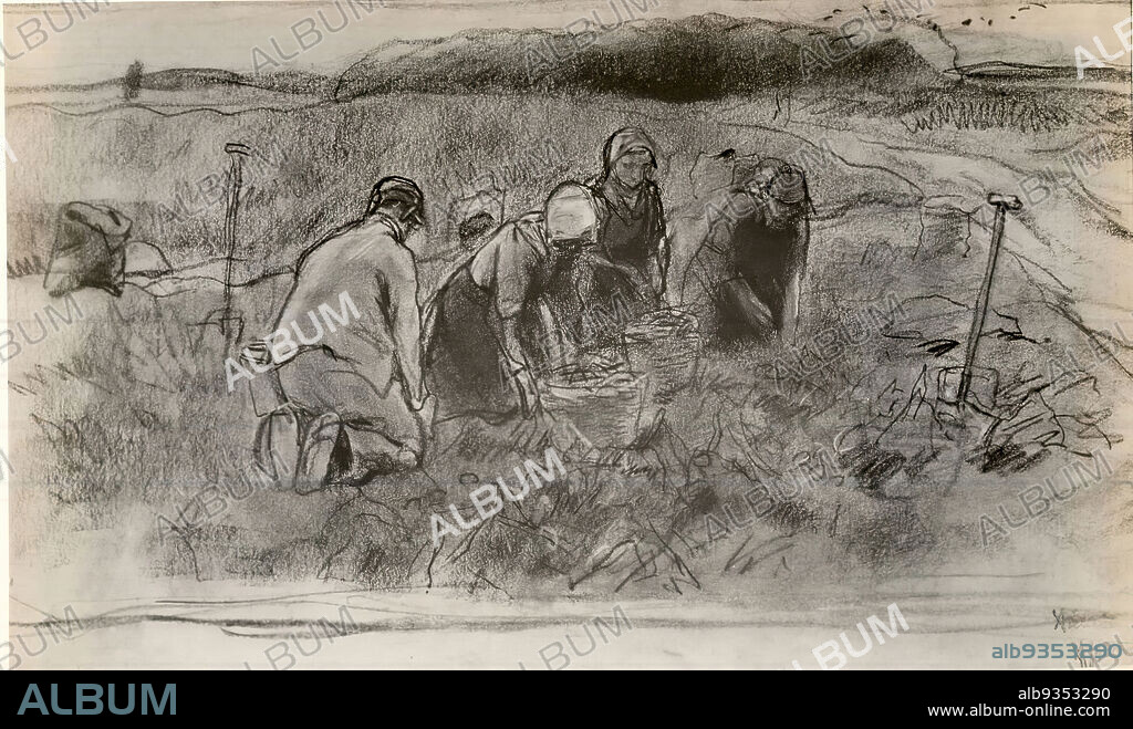 Four Peasants Working in a Field, Anton Mauve, Dutch, 1838-1888, Drawing in charcoal and white chalk on wove paper, 11 1/2 x 17 5/8 in., 29.2 x 44.8 cm.