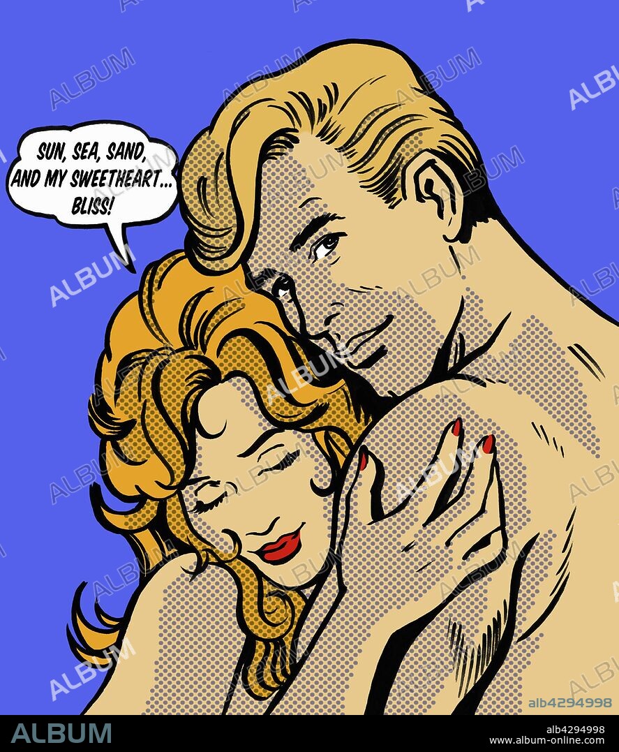 Close up cartoon of nude couple hugging with content woman thinking in thought bubble of holiday and romance.