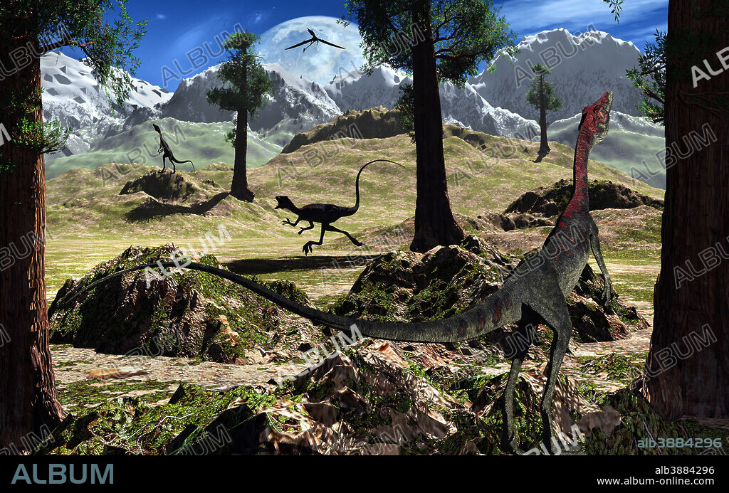 A pack of Compsognathus dinosaurs searching for their next meal during the late Jurassic period of time.