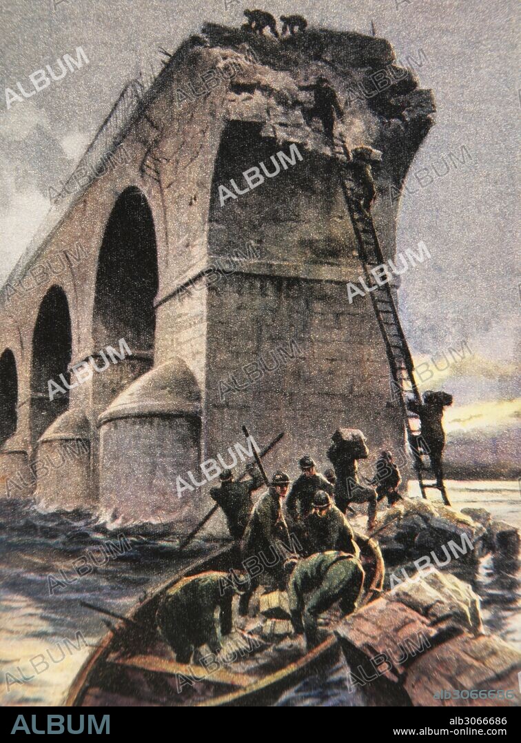 World War I (1914-1918). Assault bridge  in Piave river "Fiume Sacro alla Patria" (River Sacred to the Country) in memory of the hard battles fought on tis banks during WWI, 1916. Drawing by Achille Beltrame (1871-1945). La Domenica del Corriere, 1916.