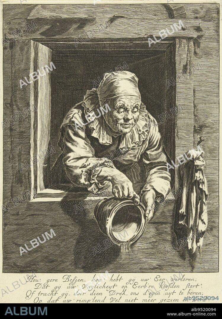 An old woman throws the contents of her piss pot out the window. Beneath the scene a four-line verse in Dutch, Gore Besje, print maker: Hendrik Bary, (mentioned on object), after: Frans van Mieris (I), (mentioned on object), Netherlands, 1657 - 1707, paper, engraving, h 253 mm × w 185 mm.