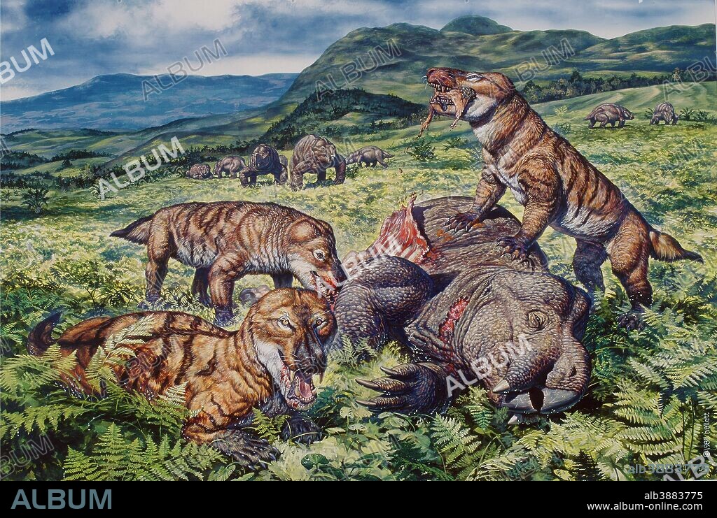 A group of carnivorous Cynognathus (Cynognathus crateronotus) therapsids prey on a Placerias dicynodont during the Late Triassic of Africa.