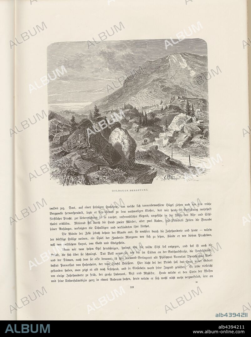 Goldau landslide, Illustration of the landslide at Arth-Goldau from the 19th century, signed: A. Closs X. J, Heyn, E, Fig. 100, p. 121, Closs, Adolf; Heyn, Ernst, Woldemar Kaden: Das Schweizerland: eine Sommerfahrt durch Gebirg und Thal. Stuttgart: Engelhorn, 1875.