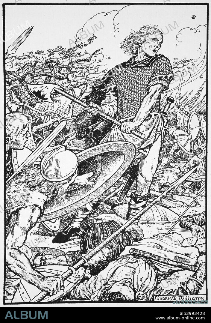 Alfred the Great at the Battle of Ashdown, 871 (1913). Alfred the Great (849-899) at the Battle of Ashdown, 8 January 871, leading the West Saxon army of his brother, King Ethelred, to victory against the invading Danes. Illustration from The Northmen in Britain by Eleanor Means Hull, published 1913.