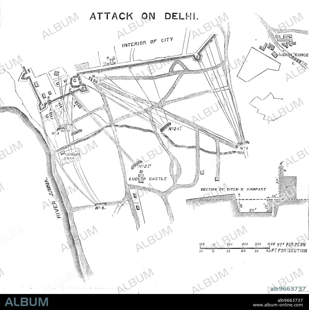Plan of the Attack on Delhi, 1857. Map of the city during the period of the Indian Mutiny, showing Ludlow Castle, the River Jumna, Custom House, and section of ditch and rampart. From "Illustrated London News", 1857.