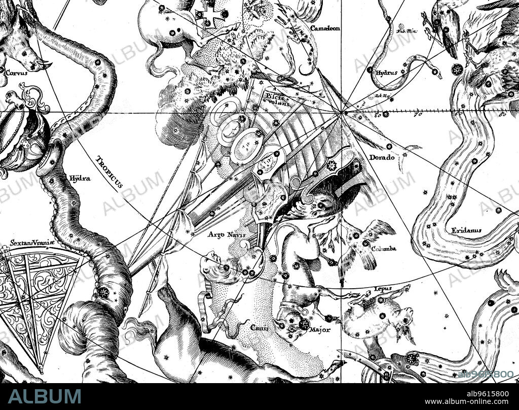 Astronomical map, centred on the Southern constellation of Argo Navis, 1742. From Atlas Coelestis by John Gabriel Doppelmayer. (Nuremberg, 1742). Argo Navis (or Argus) is an old name for a combination of the four consellations of Carina (the Keel), Vela (the Sail), Puppis (the Stern), and Pyxis (the Compass). It represents the ship in which Jason and the Argonauts sailed to find the Golden Fleece in Greek legend. It contains Canopus, the second brightest star in the night sky, as well as Eta Carinae, one of the most massive stars yet discovered, which is highly unstable and prone to massive outbursts of energy.