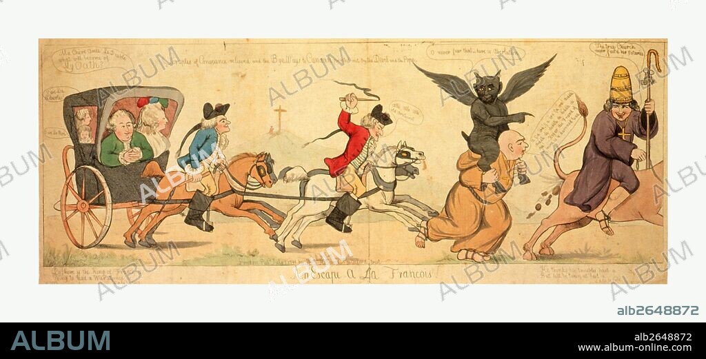 An escape a la Francois!, engraving 1791 by Willm. Holland, a burlesque representation of the flight to Varennes, the royal family in a two-wheeled carriage drawn (left to right) by four galloping horses with two postilions.
