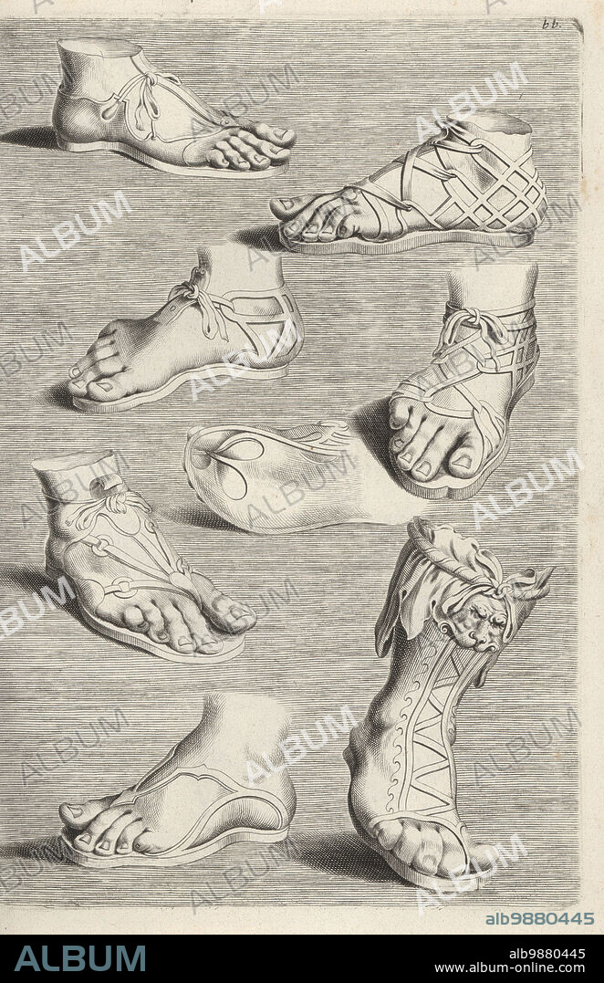 Roman leather footwear, sandals or solea, shoes, boots or calceus, etc. Imperial Roman boot or caligae at lower right. From sculptures in the Galleria Giustiniana. Copperplate engraving after an illustration by Joachim von Sandrart from his LAcademia Todesca, della Architectura, Scultura & Pittura, oder Teutsche Academie, der Edlen Bau- Bild- und Mahlerey-Kunste, German Academy of Architecture, Sculpture and Painting, Jacob von Sandrart, Nuremberg, 1675.