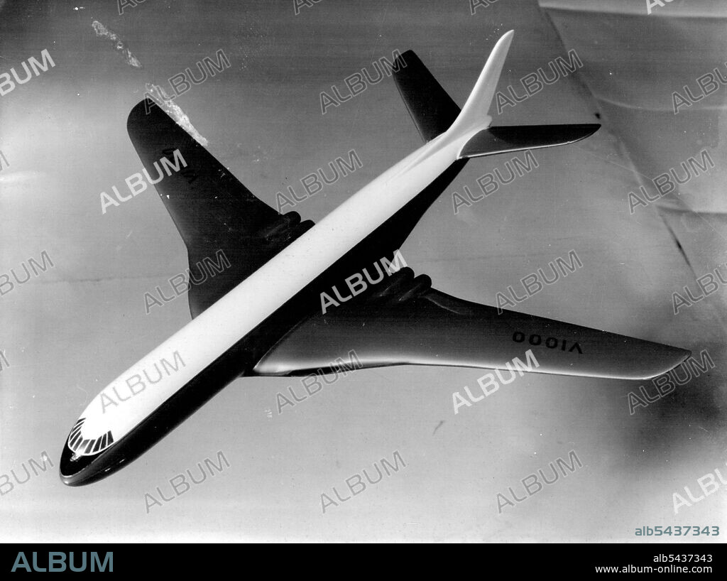 Abandoned The Ministry of Supply have announced today that orders for the production of the new Vickers-Armstrong long-range jet transport aircraft, the V.1000, have been cancelled. They say the question of re-equipping Transport Command of the R.A.F. has been under review and as a result, the orders given for the V.1000 have been cancelled. The Bristol Britainnia is to equip the Command. This picture shows the Vickers V.1000 as it would have appeared in flight. November 11, 1955.