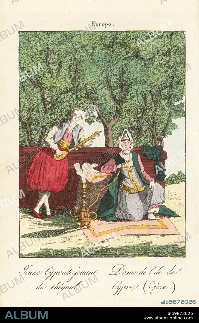 A young Cypriot playing a bouzouki and a Greek Cypriot woman smoking a hookah pipe seated on a divan on a carpet. Jeune Cyprioti jouant du thégoul, Dame de l'ile de Cypre (Grece). Handcoloured copperplate engraving from A. Antoine de Saint-Gervaiss Album des Peuples, ou Collection de Tableaux, Album of Peoples, or Collection of Paintings, J. Langlume et Peltier, Paris, 1835. Reprinted from Moeurs et coutumes des Peuples, Hocquart, 1811.