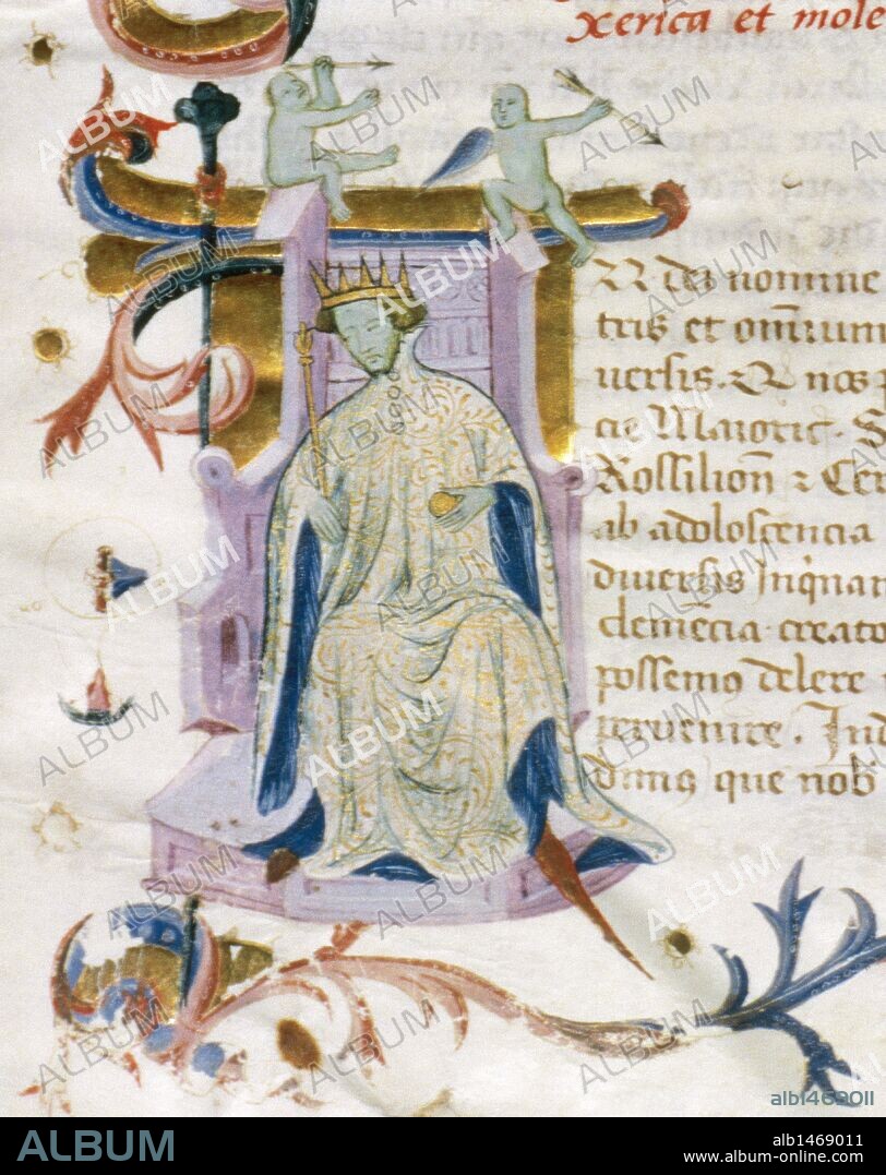 Pedro IV de Aragón y III de Cataluña, llamado "el Ceremonioso" (1319-1387). Rey de la Corona de Aragón (1336-1387). Detalle de Pedro el Ceremonioso en una letra capitular. Miniatura del "Libro de Privilegios de la Cartuja de la Vall de Christ" (siglo XIV). Folio 1. Procede de Segorbe (Castellón). Biblioteca de Catalunya. Barcelona. Cataluña.