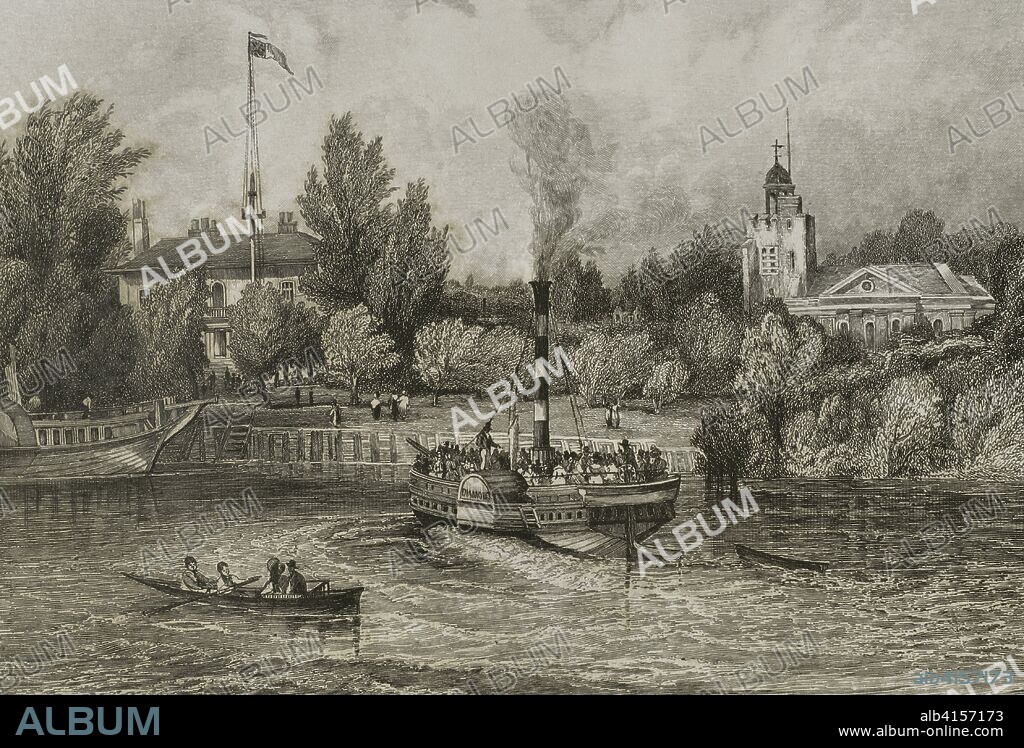 Reino Unido. Inglaterra. Twichenham Ait. Eel Pie Island, una isla en el río Támesis. El nombre procede de los pasteles de anguila que eran servidos por la posada de la isla. El nombre de Twichenham Ait se mantiene hasta la década de 1880. Twickenham forma parte de Middlesex en el municipio de Richmond Upon Thames hasta 1965. El Barco de vapor turístico "Diamond" navegando en la isla de Eel Pie. Grabado por M. Wilson a partir de un estudio original del pintor paisajista Charles Marshall (1806-1890). "London and its Environs", h, 1840 (Londres y su alrededores). Biblioteca Histórico Militar de Barcelona, Cataluña, España.