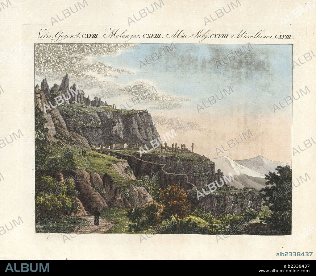 The Benedictine monastery of Santa Maria de Montserrat, Catalonia, Spain, 1800. Home of the black Madonna sculpture, the Virgin of Montserrat. Handcoloured copperplate engraving from Bertuch's "Bilderbuch fur Kinder" (Picture Book for Children), Weimar, 1807. Friedrich Johann Bertuch (1747-1822) was a German publisher and man of arts most famous for his 12-volume encyclopedia for children illustrated with 1,200 engraved plates on natural history, science, costume, mythology, etc., published from 1790-1830.