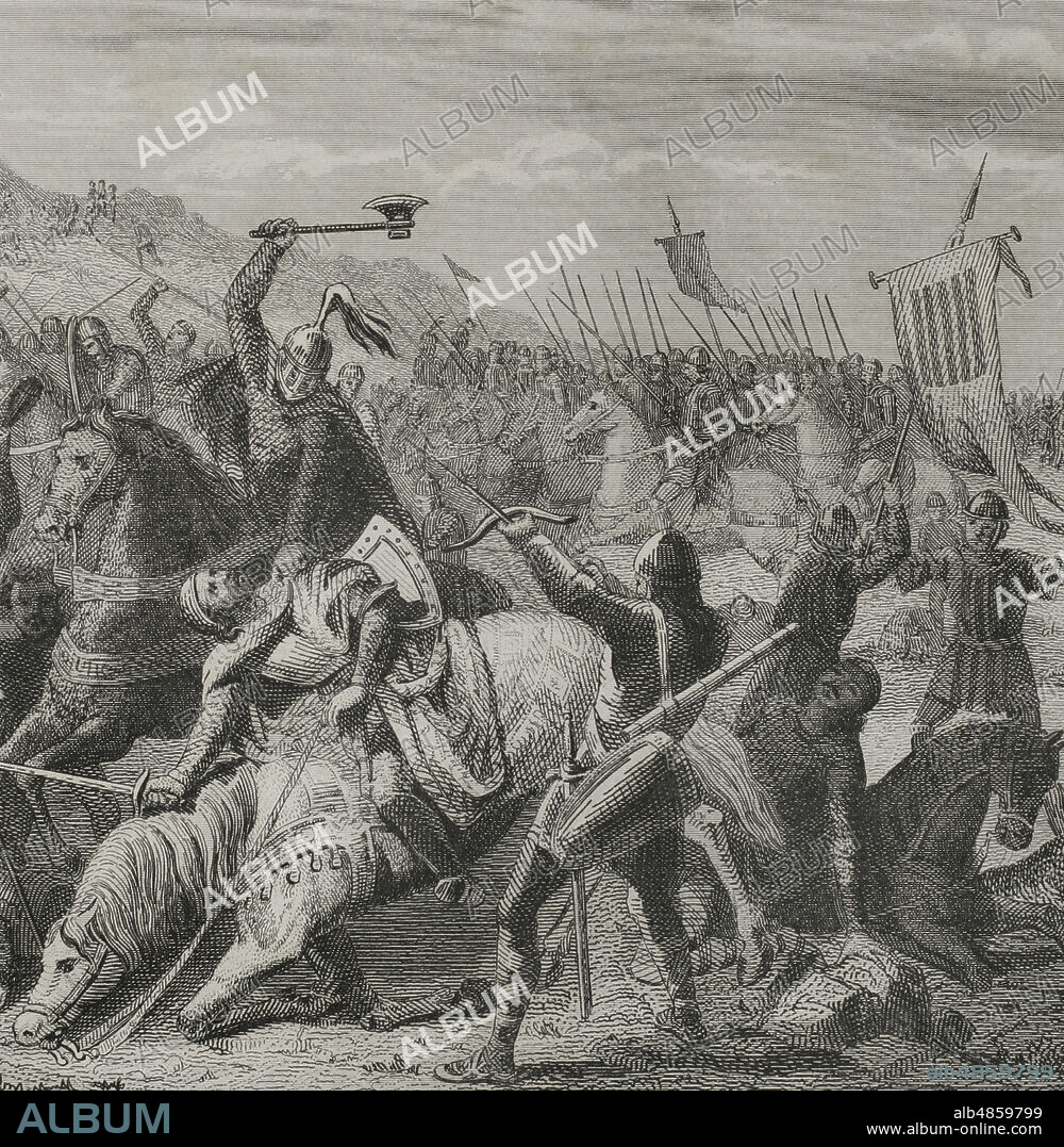 Cruzada Albigense contra los herejes cátaros. Batalla de Muret. 12 de septiembre de 1213. Enfrentamiento entre Pedro II de Aragón, muerto en la batalla, sus vasallos y aliados Raimundo VI de Tolosa, Bernardo IV de Cominges y Raimundo Roger de Foix, contra las tropas cruzadas y las de Felipe II de Francia lideradas por Simón de Montfort. Dibujo por Urrabieta. Grabado por Roca. Historia de Cataluña y de la Corona de Aragón, por Victor Balaguer. Tomo II. Barcelona,1861.