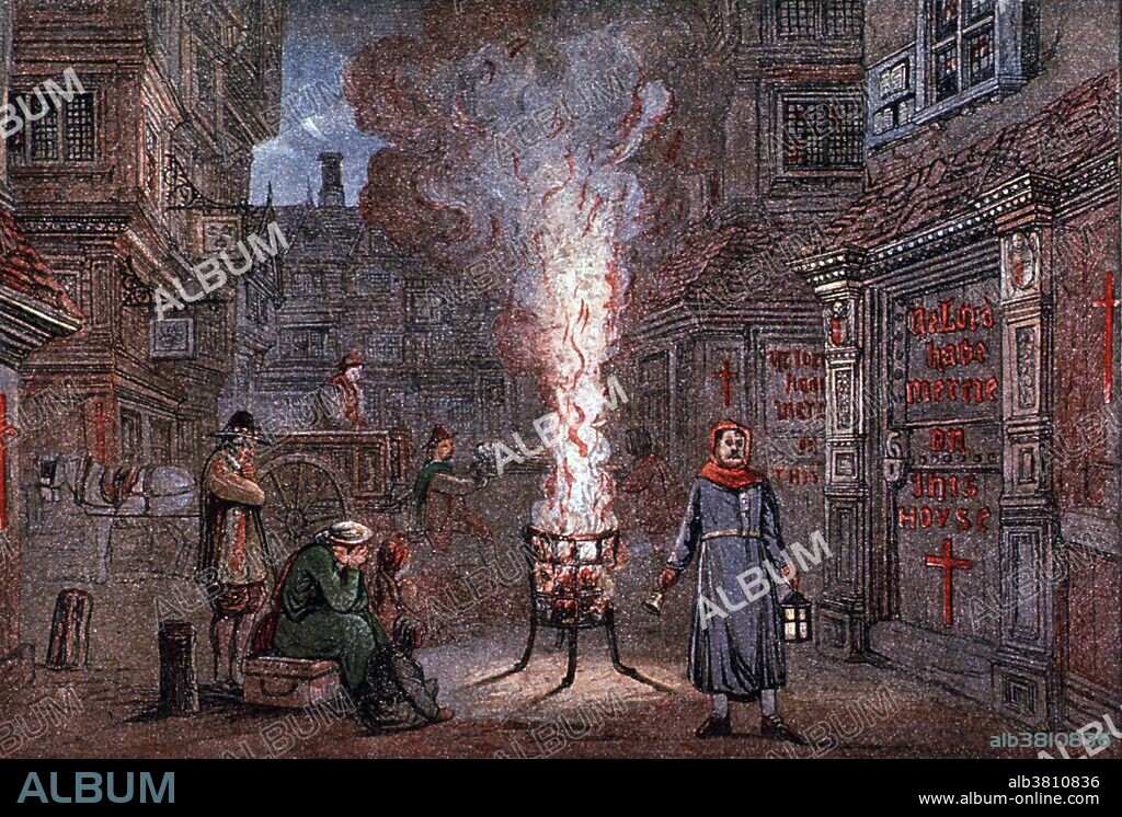 Entitled: "Bring Out Your Dead" engraving by Edmund Evans, England, 1864. A medieval street scene with a town crier and a two wheeled cart making the rounds and collecting the bodies of plague victims; a few people have gathered around a small fire for warmth. The Black Death (1340-1400) was one of the most devastating pandemics in human history, resulting in the deaths of an estimated 75 to 200 million people and peaking in Europe in the years 1348-50. The next few centuries were marked by several local outbreaks of lesser severity. The Great Plague of Seville (1647), the Great Plague of London (1665-1666), the Great Plague of Vienna (1679), Great Plague of Riga (1710) and the Great Plague of Marseille (1720), were the last major outbreaks of the bubonic plague in Europe.