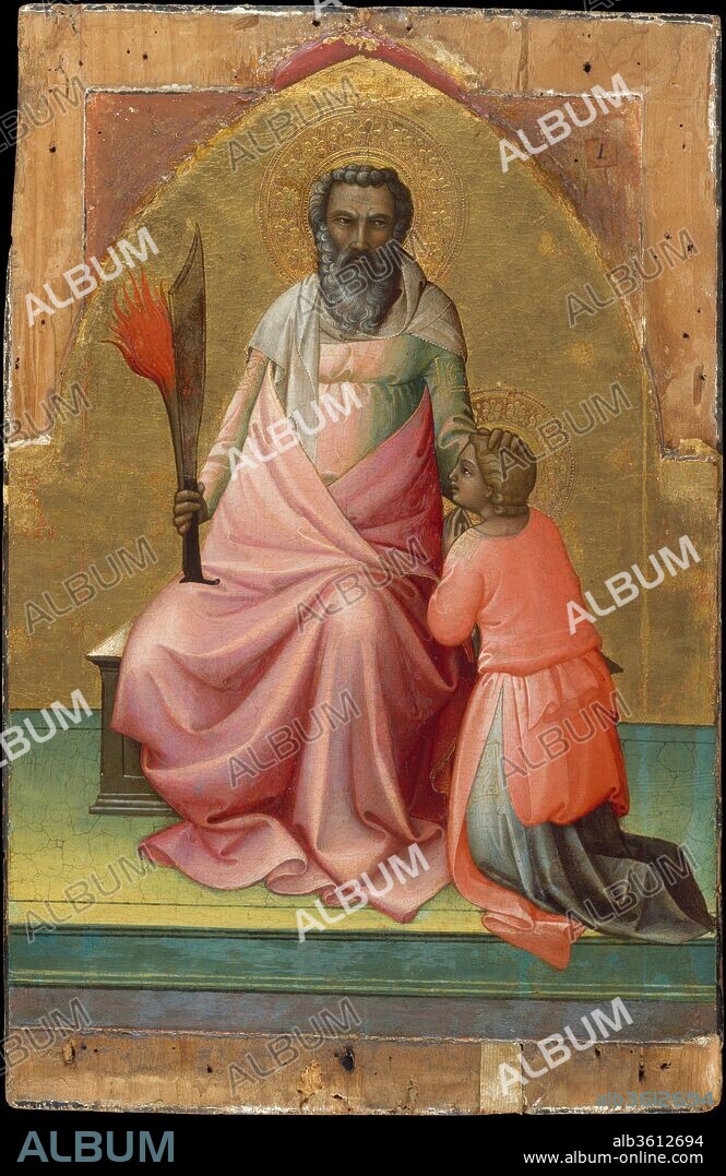 Abraham. Artist: Lorenzo Monaco (Piero di Giovanni) (Italian, Florence (?) ca. 1370-1425 Florence (?)). Dimensions: Overall 26 x 16 7/8 in. (66 x 42.9 cm); painted surface 22 7/8 x 16 5/8 in. (58.1 x 42.2 cm). Date: ca. 1408-10.
These four Old Testament prophets are among the masterpieces of this leading late Gothic Florentine painter. Each figure holds an identifying attribute and strikes a rhetorical pose. Moses holds the tablets of the Ten Commandments; Abraham's sacrifice of Isaac prefigures that of Christ; David, holding a cither, is considered a direct ancestor of Christ; and Noah's ark prefigures the Church. These intense figures have reminded scholars of the sculpture of Donatello and Ghiberti. Were they arranged single file or superimposed in pairs; did they form an altarpiece or serve some other function? We can't say.