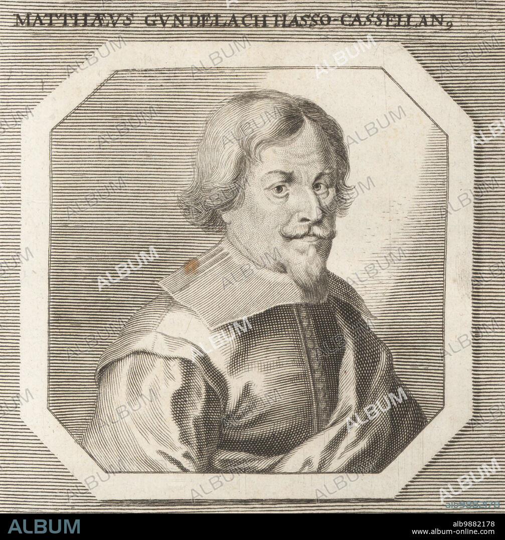Matthaus Gundelach, German painter and draughtsman, 1566-1653. Court painter to Holy Roman Emperor Rudolf II in Prague Castle. Matthaeus Gundelach Hasso-Cassellan. Copperplate engraving by Georg Andreas Wolfgang after an illustration by Joachim von Sandrart from his LAcademia Todesca, della Architectura, Scultura & Pittura, oder Teutsche Academie, der Edlen Bau- Bild- und Mahlerey-Kunste, German Academy of Architecture, Sculpture and Painting, Jacob von Sandrart, Nuremberg, 1675.