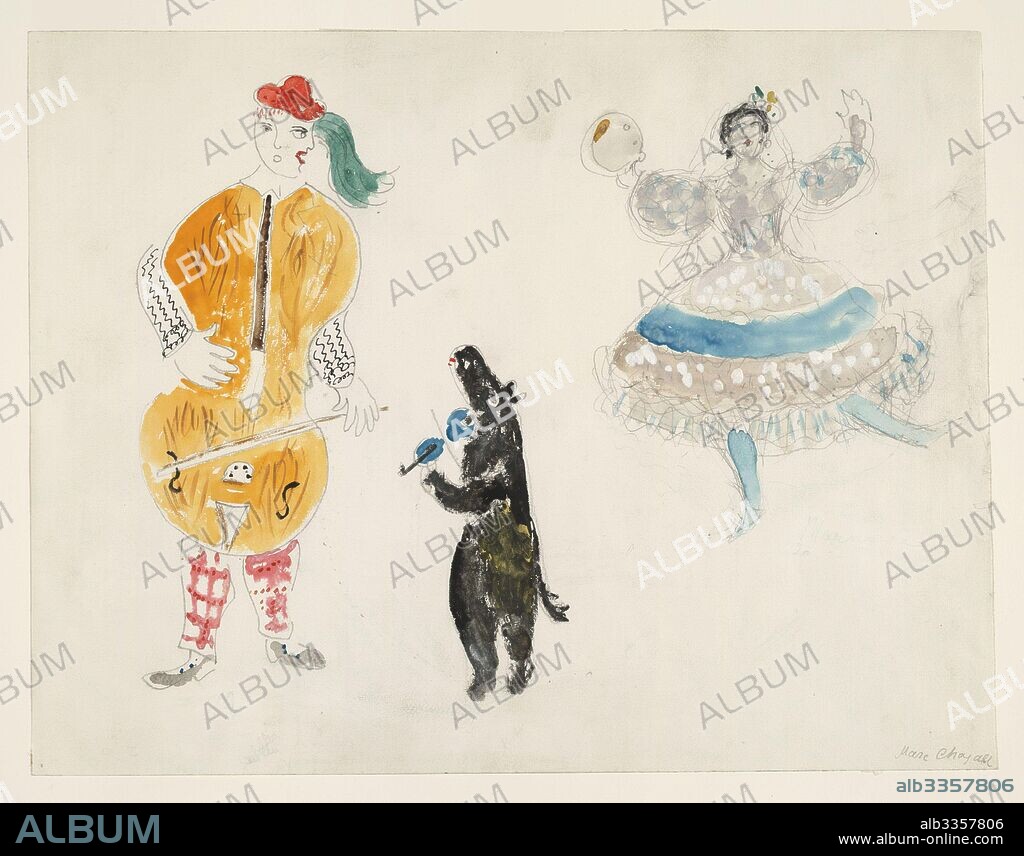 MARC CHAGALL. A Bandura Player, a Bear and Zemphira. Costume design for the ballet Aleko by P. Tchaikovsky.