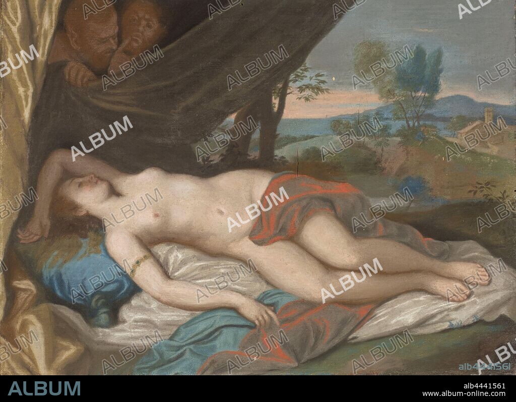 Sleeping Nymph Spied upon by Satyrs Sleeping nymph spied on by satyrs, after a painting based on a print after Anthony van Dyck, A naked sleeping nymph spied on by satyrs. In the background an Italian landscape. To Titian or Lambert Sustris. Part of the pastels collection. Willem V (Prince of Orange-Nassau), Jean-Etienne Liotard, 1756 - 1788, panel, h 30.6 cm × w 41.3 cm w 2.9 kg h 39.9 cm × w 50.2 cm × t 4.8 cm.