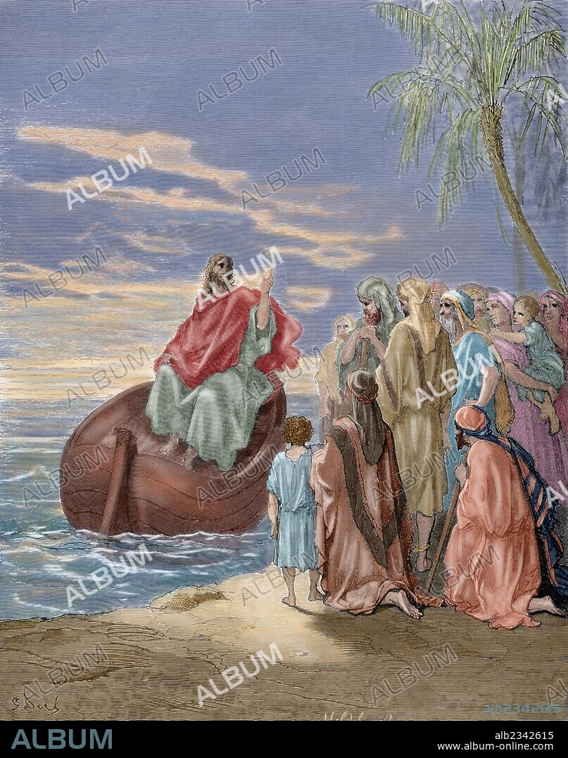 PAUL GUSTAVE DORÉ. NUEVO TESTAMENTO. JESUS PREDICANDO EN EL MAR DE GALILEA. Evangelio San Lucas, Capítulo V, Versículos 1-3. Dibujo de Gustavo Doré. Grabado de Hildebrand. Siglo XIX. Coloreado.