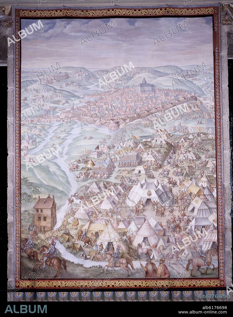 GRANELLO-TAVARON-CASTELLO Y CAMBIASSO. DET- BATALLA DE SAN QUINTIN (1557)- PINTURA AL FRESCO 1585- SALA DE BATALLAS- DESPUES DE RESTAURAR.
