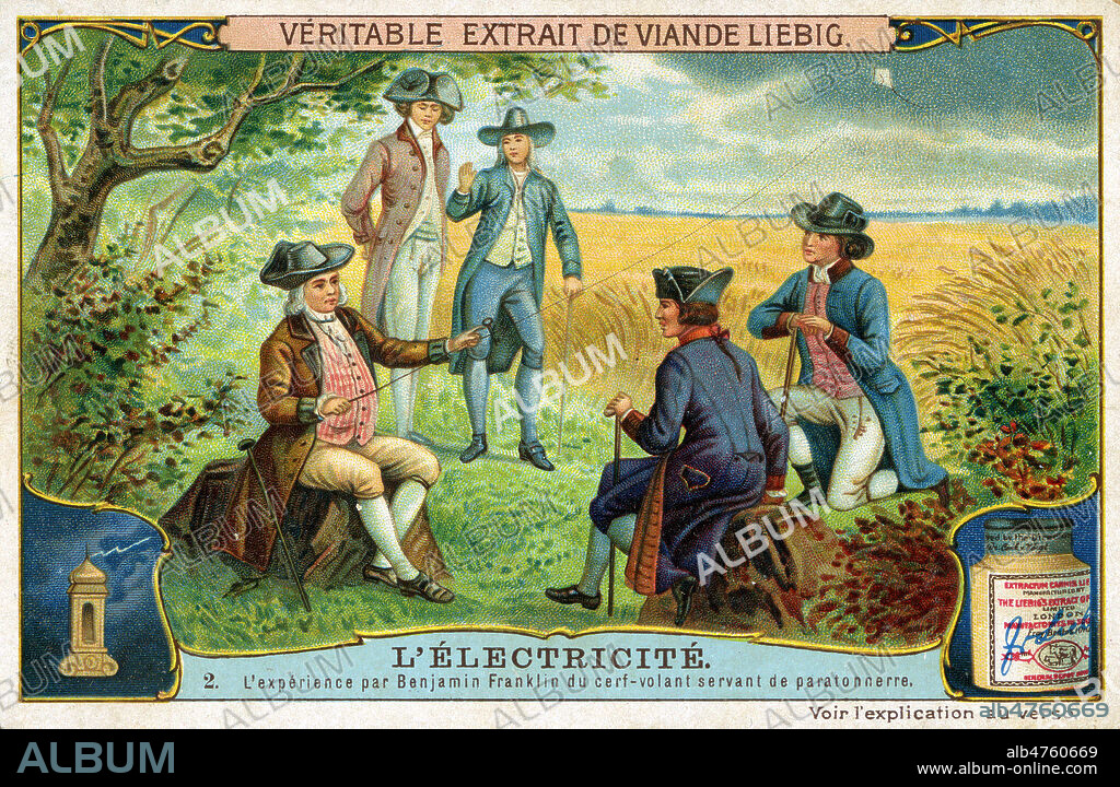 'L'electricite : l'experience par Benjamin FRANKLIN (1706-1790) du cerf-volant servant de paratonnerre'. Chromo publicitaire Liebig de 1907. Illustration anonyme. Credit : Collection KHARBINE-TAPABOR.