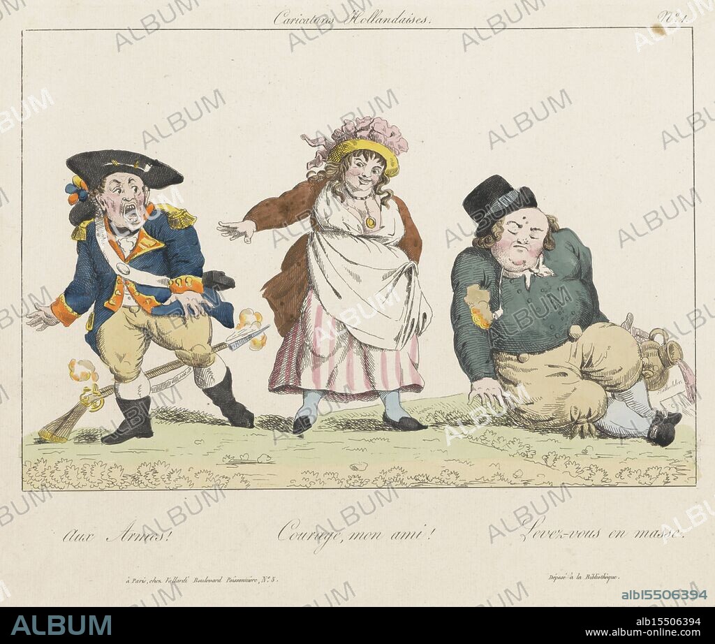 Cruikshank, Isaac, Paris, Vallardi, France, Caricatures Hollandaises, Cartoon on the Dutch (no. 1), 1795, 1814, verso - stamped, Three figures: on the left a soldier drops his rifle in fright, in the center a standing woman with a large bosom, on the right a sleeping, drunk and smoking man. Part of a series of four French copies from 1814 of English cartoons from 1795 on the Dutch, who would rather smoke and drink than defend the national interest., print, prent, cartoon, prints, Frederik Muller Historieplaten, height 267 mm, width 323 mm, print maker, printmaker, 1814 - 1814, paper, papier, etching, etchings, hand colouring, Publication (Event), Publicatie, publisher, uitgever, Work conception, English, 1764 - 1811" Parijs, Frankrijk, Cartoon on the Dutch (no. 2), Three figures: on the left an inspecting captain, in the centre a standing drinking man, on the right a sleeping man behind a telescope in a wheelchair. Part of a series of four French copies from 1814 of.