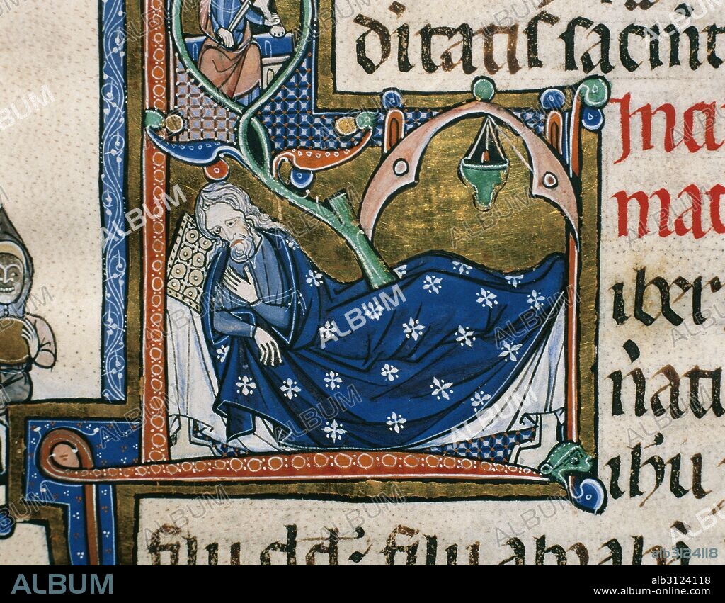 SIGLO XIII. ILUMINACION GOTICA FRANCESA. BIBLIA SACRA. Volumen IV. NUEVO TESTAMENTO. Manuscrito en pergamino. 385 mm x 255 mm (el folio). Miniatura inicial figurada con la representación de un HOMBRE RECOSTADO. El fondo con aplicación de oro en láminas. Sant Sadurní sobre el Roine (Francia) (?). Acabado en febrero de 1268. Procedente de la Seu de Vic. Museu Episcopal de Vic. Provincia de Barcelona. Comarca de Osona. Cataluña.