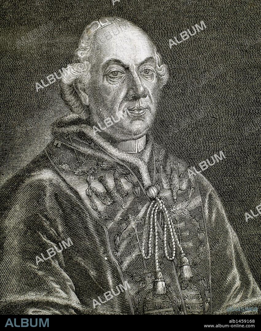 Pius VI (Cesena ,1717-Valence, 1799). Italian pope, named Giannangelo Braschi. Elected in 1775.  Engraving by R. Cremer.