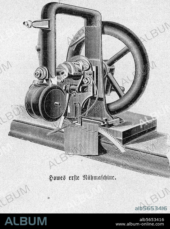 Technique / Instruments ménagers : machine à coudre. "La 1re machine à coudre de Howe". (Le mécanicien américain Elias Howe constr. en 1845, la première machine à coudre utilisable). Gravure.