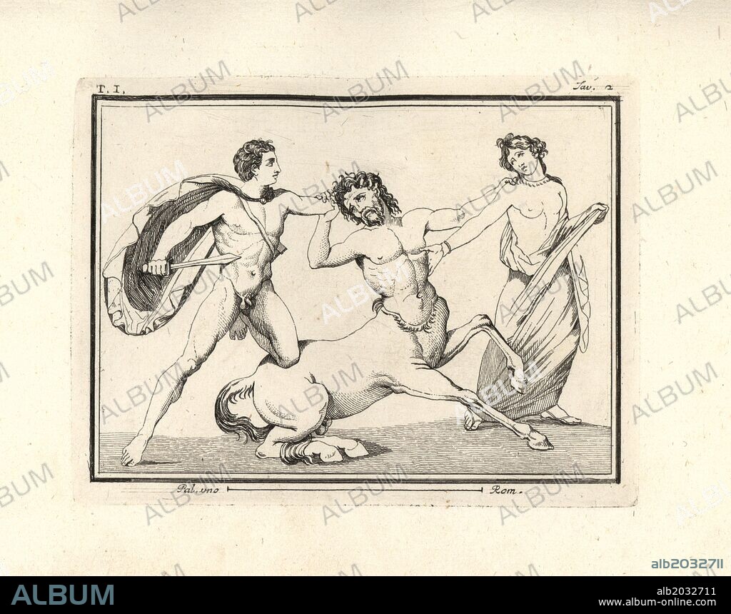 A hero (Theseus?) about to stab the centaur Euritus who had attempted to rape Hippodamia, wife of Pirithous. It provoked the famous war between the Lapiths and the centaurs described by Ovid in his Metamorphoses. Painting on marble excavated in Resina in March 1749. Copperplate engraved by Tommaso Piroli from his own "Antichita di Ercolano" (Antiquities of Herculaneum), Rome, 1789. Italian artist and engraver Piroli (1752-1824) published six volumes between 1789 and 1807 documenting the murals and bronzes found in Heraculaneum and Pompeii.