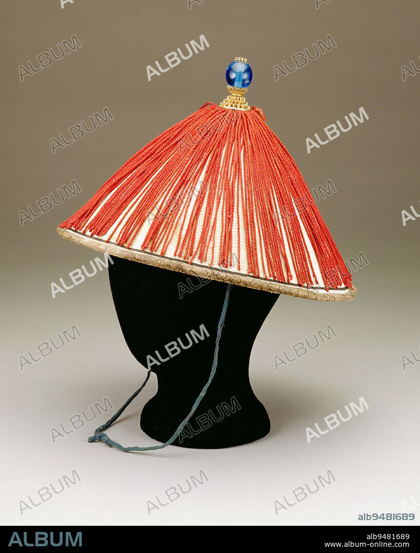 Summer Court Hat for a Third Rank Civil Official, c. 1850, 9 1/2 x 11 1/2 x 11 1/2 in. (24.1 x 29.2 x 29.2 cm), Silk braid, bamboo, silk gauze, and glass, China, 19th century, The summer or 'cool hat' consisted of a conical framework of split bamboo with a taut silk covering and brocade rim. Red, unspun silk floss, or red silk braided tassels were used to decorate the crown. The transparent blue glass 'jewel' is indication of a third rank civil official.