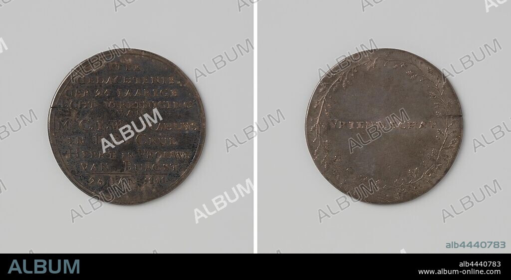 Twenty-five years marriage of Cornelis Jan Wouter Nahuys and Johanna Elisabeth Crul, lord and lady of Burgst, Silver Medal. Front: inscription, cut-off: date. Reverse: inscription within oak wreath, Cornelis Jan Wouter, lord of Burgst Nahuys, Johanna Elisabeth, lady of Burgst Crul, anonymous, Netherlands, 1811, silver (metal), striking (metalworking), d 3.7 cm × w 14.52 gr.