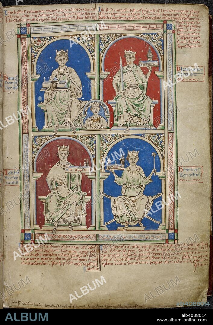 MATTHEW PARIS. Four Kings of England: above, Henry II with Waltham Abbey; and Richard I with the church of St Thomas of Canterbury. Below, John with the Cistercian Abbey of Beaulieu; and Henry III with Westminster Abbey. . Historia Anglorum. England (St Albans), 1250-1259. regal,. Source: Royal 14 C. VII, f.9. Language: Latin.