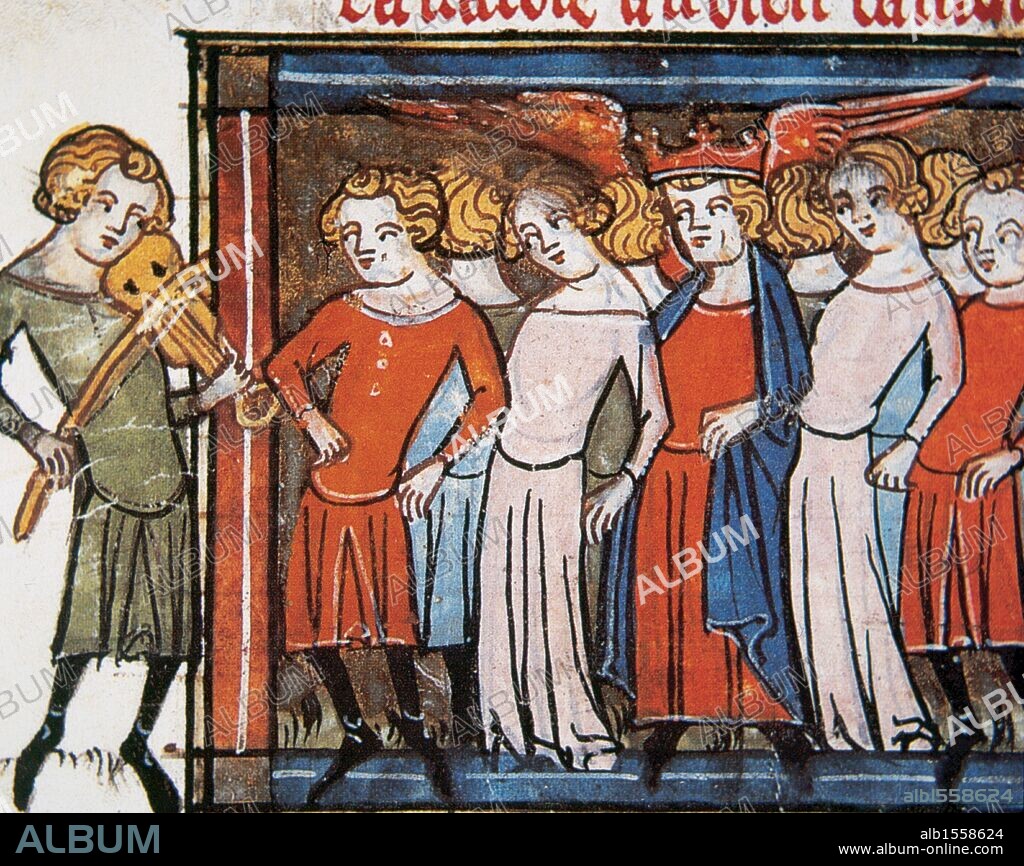 NOBLES y DAMAS MEDIEVALES danzando al son de la música de una VIOLA tocada por un juglar. Miniatura del s. XIV. Castillo de Chantilly. Francia.