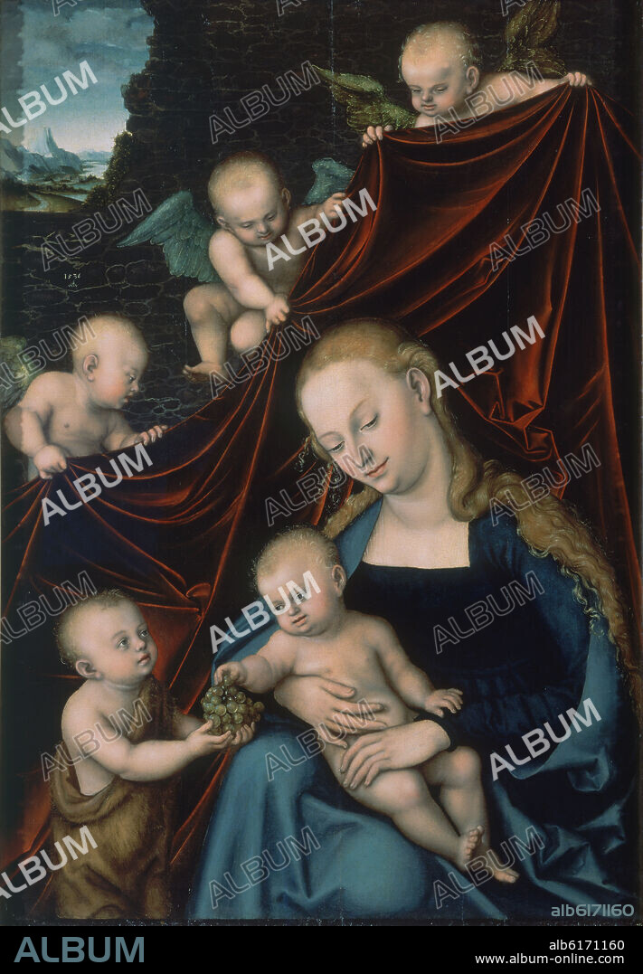LUCAS CRANACH EL VIEJO (1472/1553). VIRGEN CON EL NIÑO JESUS, SAN JUANITO Y ANGELES - 1536 - OLEO/TABLA - 121,3 x 83,4 cm - NP 7440 - RENACIMIENTO ALEMAN.