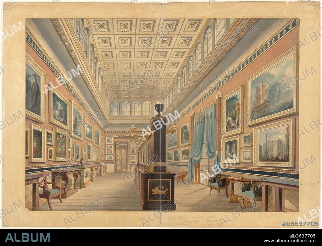 The Flemish Picture Gallery, the Mansion of Thomas Hope, Duchess Street, Portland Place. Artist: Robert William Billings (British, 1813-1874). Dimensions: sheet: 23 1/4 x 32 3/4 in. (59.1 x 83.2 cm). Date: 1830-51.
In 1799 Thomas Hope, the famous architect, traveller and collector, purchased Duchess House, London from the Dowager Lady Warwick and set about remodelling the original Robert Adam building. The first stage was finished by 1801 then, in 1819, a Flemish Picture Gallery was added to Hope's own designs, with William Atkinson acting as builder. The fifty by twenty foot space at the rear of the house had a flat coffered ceiling and raised clerestory to light the collection of Dutch and Flemish paintings inherited from a brother Henry Philip Hope. Pictures hung on the walls, and on a mahogany screen running the length of the room equipped with hinges to allow the works to swing out, and fitted with comparments to hold books and folios of engravings. Hope designed this feature, and the rest of the furnishings, and allowed public access on Mondays during the Season (admittance obtained through recommendation or letter of reference). Billings probably made this drawing after 1833, after training under John Britton, and before 1851, when the house was demolished.