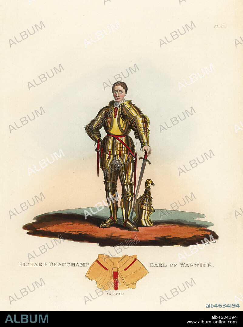 Richard Beauchamp, 13th Earl of Warwick, English nobleman and military commander, 1382-1439. In golden suit of armour with placates on breastplates and screwholes for lance rests, chainmail apron, large tuiles, with sword and helm. From the brass effigy in St. Mary's Church, Warwick. Handcoloured lithograph by Maddocks after an illustration by S.R. Meyrick from Sir Samuel Rush Meyrick's A Critical Inquiry into Antient Armour, John Dowding, London, 1842.