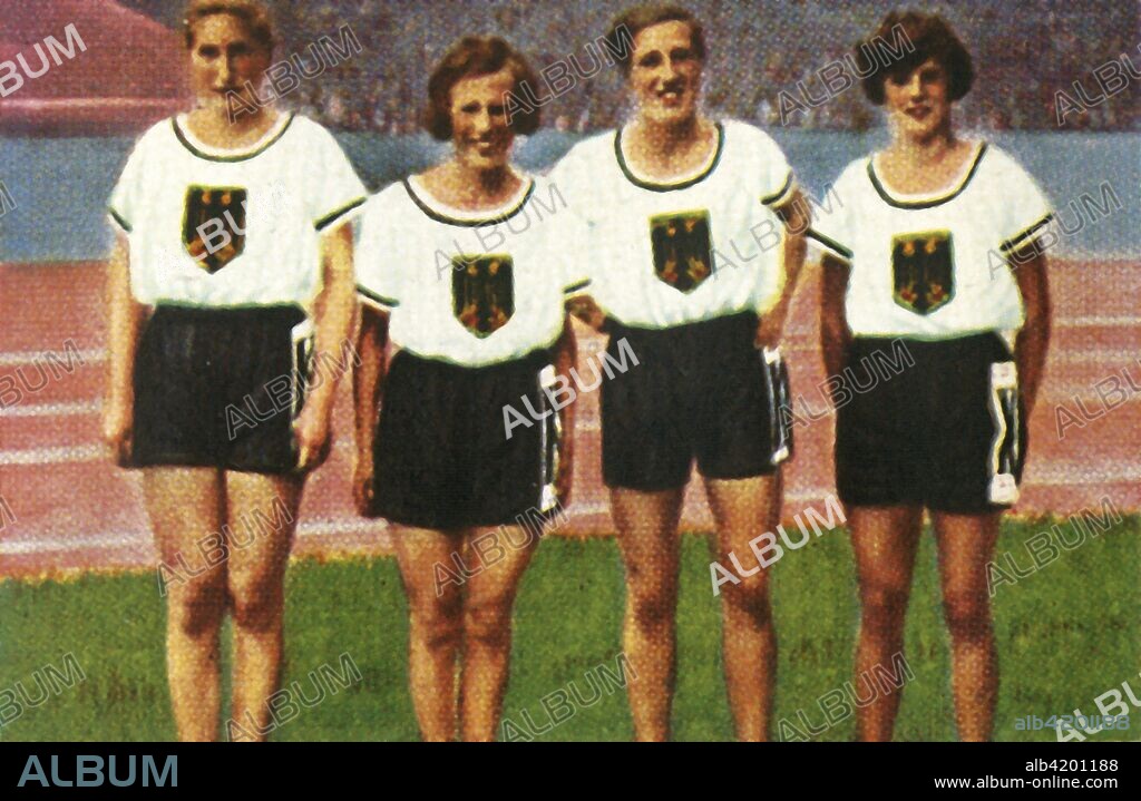 German women's 4 x 100m relay team, 1928. Leni Junker, Anni Holdmann, Leni Schmidt and Rosa Kellner of Germany won bronze medal at the 1928 Summer Olympics, held in Amsterdam. From "Die Welt in Bildern", (The World in Pictures), cigarette card album, c1928. [Georg A Jasmatzi, A.-G., Dresden, Germany].