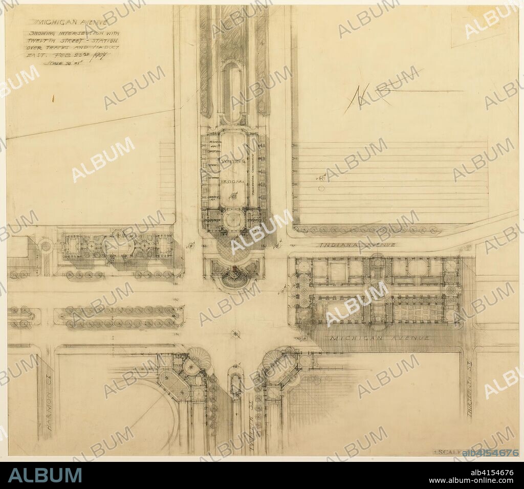 Plate 119 from The Plan of Chicago, 1909: Chicago. Sketch Plan of the Intersection of Michigan Avenue and Twelfth Street. Daniel Hudson Burnham, American, 1846-1912; Edward Herbert Bennett, American, born England, 1874-1954. Date: 1907. Dimensions: 73.6 x 83.8 cm (29 x 33 in.). Graphite on paper. Origin: Chicago.