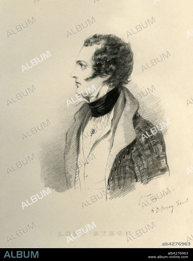 RICHARD JAMES LANE. 'Lord Byron', 1823. Portrait of English poet George Noel Gordon Byron, Lord Byron (1788-1824). From "Portraits by Count D'Orsay", an album assembled by Lady Georgiana Codrington. [1850s].