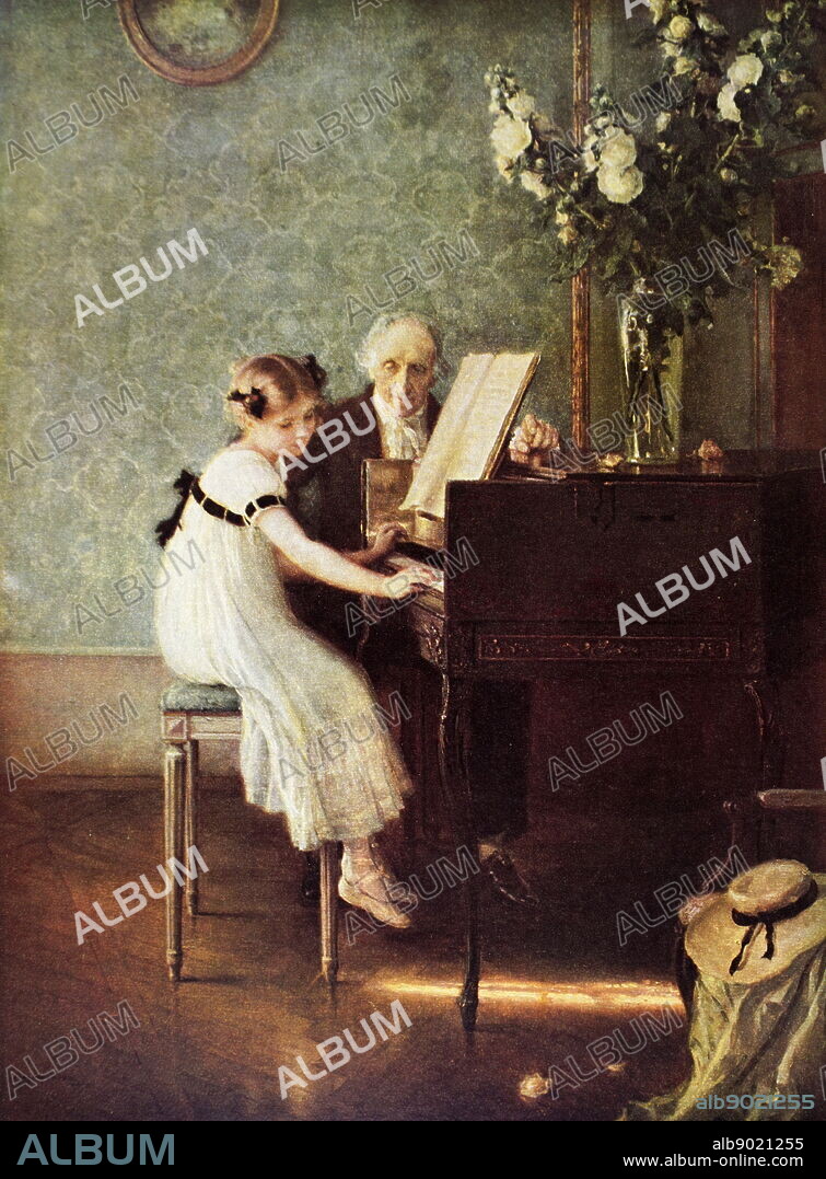 Painting titled 'The Music Lesson' by Jules-Alexis Meunier. Jules-Alexis Meunier (1863-1942) a French painter and photographer.