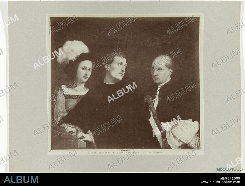 The Concert, P.e 2.a N.o 13. FIRENZE - R. Galleria Pitti. Il Concerto (Giorgione.) (title on object), Painting made by Giorgione., Fratelli Alinari (mentioned on object), publisher: Fratelli Alinari (mentioned on object), Florence, c. 1880 - c. 1895, paper, albumen print, height 200 mm × width 221 mmheight 241 mm × width 327 mm.