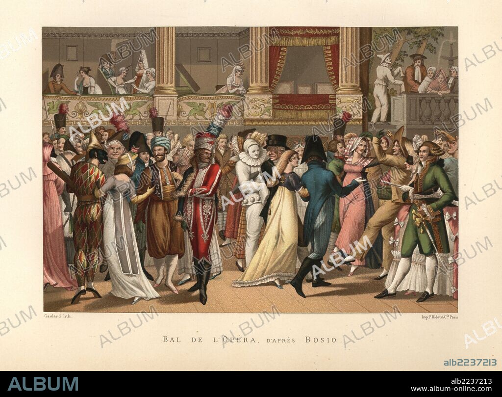 Masquerade ball, Bal d'Opera, circa 1800. Fashionable people in costume as hussars, peasants, clowns, harlequins and Turks, some wearing masks. Illustration by Jean-Francois Bosio, chromolithograph by Gaulard from Paul Lacroix's "Directoire, Consulat et Empire," Paris, 1884.