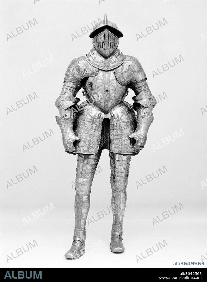 Armor of Henry Herbert (1534-1601), Second Earl of Pembroke. Armorer: Made in the Royal Workshops at Greenwich (British, Greenwich, 1511-1640s). Culture: British, Greenwich. Dimensions: Wt. 60 lb. 1 oz. (27.24 kg). Date: ca. 1585-86.
This armor was made for Henry Herbert (1534-1601) in the royal workshops at Greenwich. Originally, it consisted of a garniture for field and tournament. The present burgonet (helmet) and falling buffe (face defense) were designed for light cavalry and infantry use. Among the garniture's missing elements are two close helmets and several reinforcing pieces for the tournament, similar to those preserved with the Cumberland garniture also in the Metropolitan Museum's collection (acc. no. 32.130.6a-y).
Herbert's antiquarian and heraldic interests are reflected in the armor's decoration, which traces the lineage of the great Pembroke family through its complex coat of arms, consisting of twenty-two quarterings. The complete arms are displayed on the cheeks of the helmet, while individual quarterings are found on every element of the armor. The Order of the Garter, awarded to Herbert in 1574, also figures prominently in the decoration.