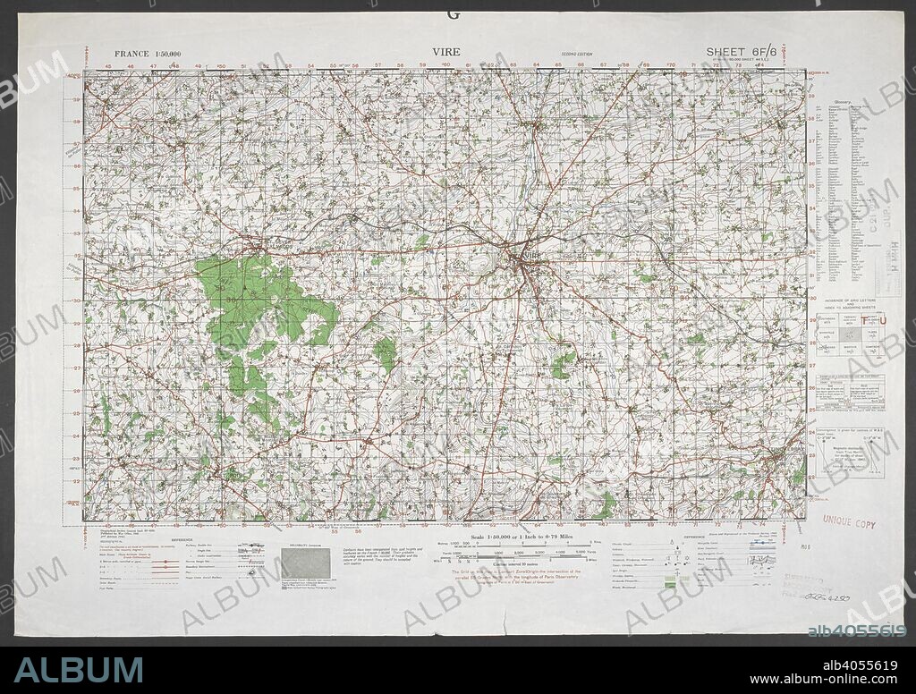 A map produced during the Second World War, showing Vire, in the Basse-Normandie region, northwestern France. France 1:50,000. War Office. General staff. Geographical section. [London] : Ordnance Survey, 1942. Source: Maps MOD GSGS 4250. Sheet 6F/6. 'Unique copy'.